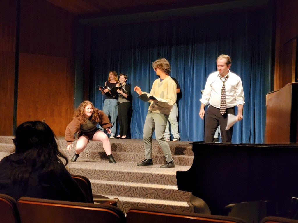 Creature attacking Dennis and Richard Nixon in "Timeline'd!" performed at International thespian Festival in Bloomington, Indiana