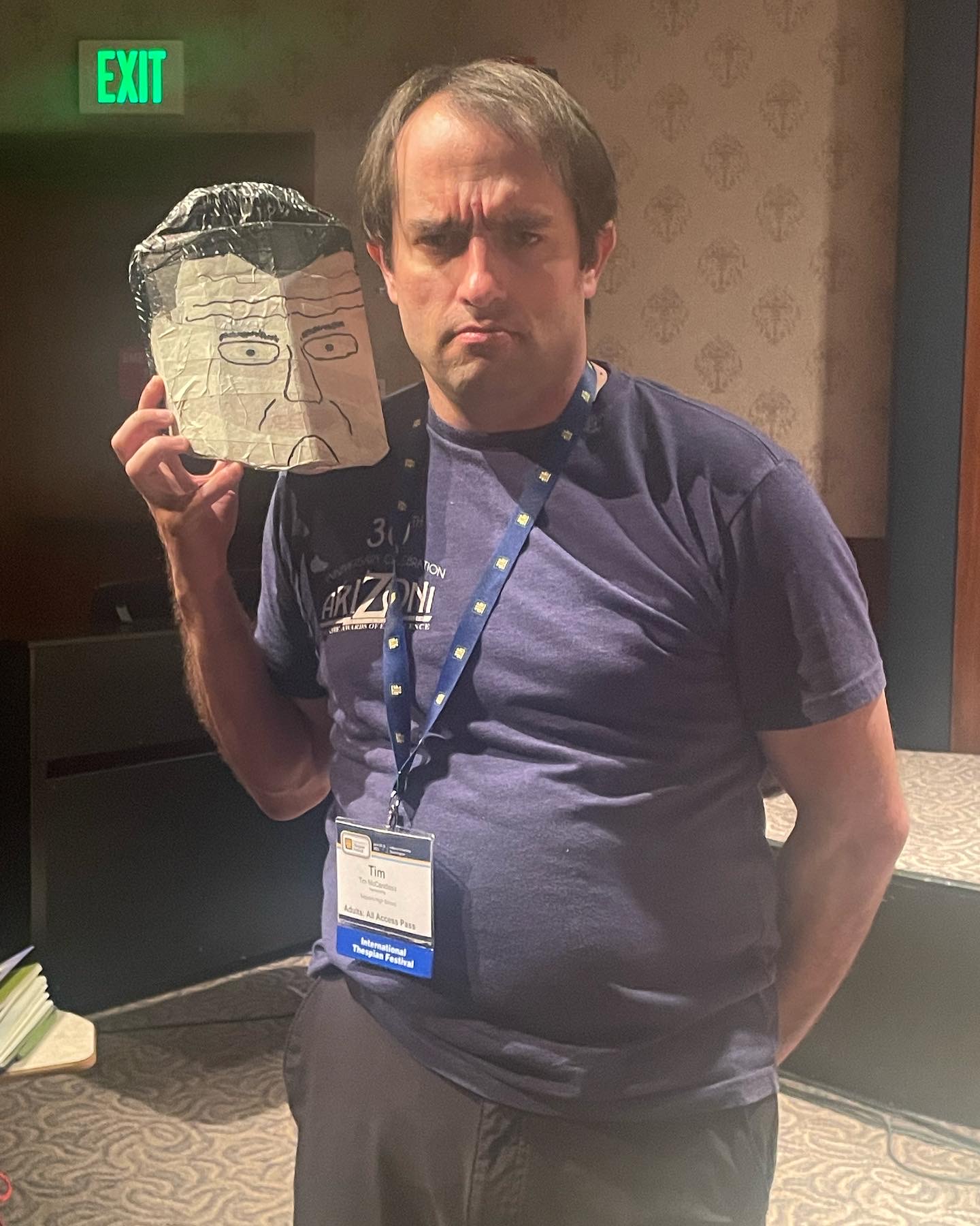 Richard Nixon posing with his head in in "Timeline'd!" at International thespian Festival in Bloomington, Indiana