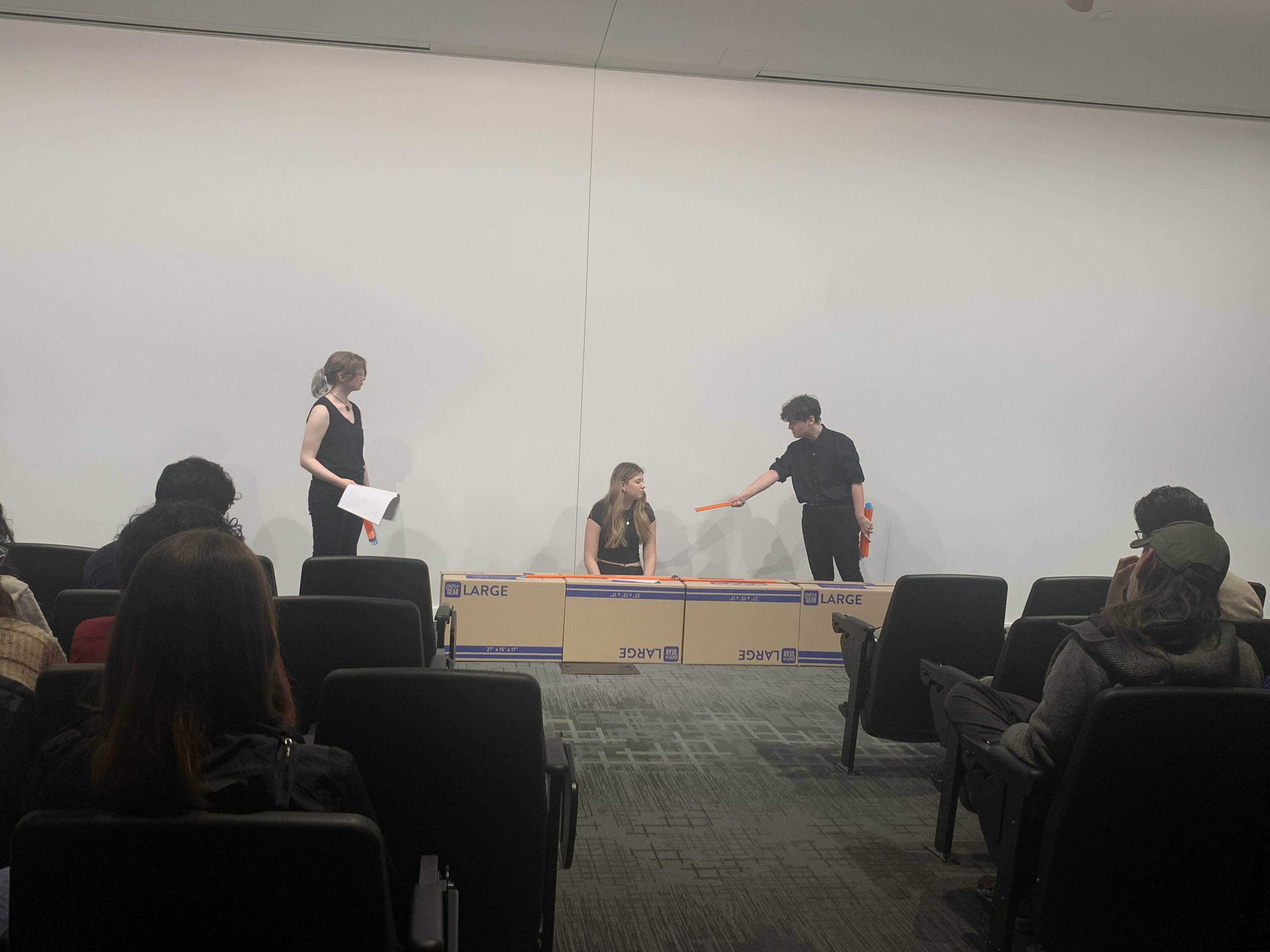 Veronica Thomas as Superego, Ella Galens as Ego, and Tobias Sanders as Id front on view in in "Apathy" in the Facility for Rare Isotope Beam (FRIB) Produced by Second Stage Playwriting