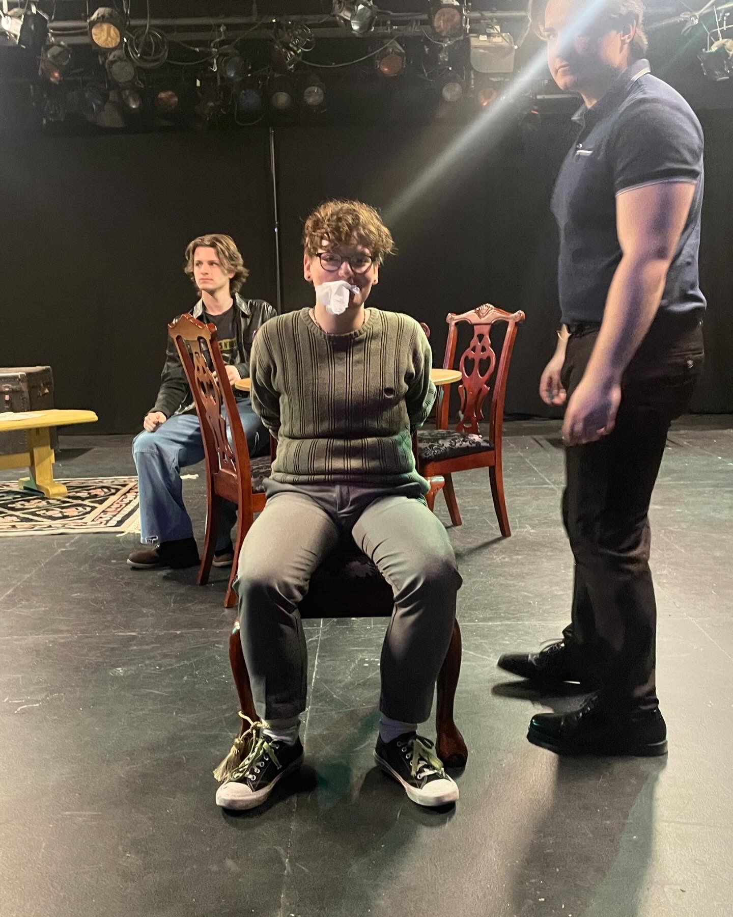 Rehearsal picture of Tobias Sanders as Mortimer Brewster tied up with Tyler Radze as Jonathan Brewster and Jack Myers as Dr. Einstein in Second Stage Productions "Arsenic and Old Lace"