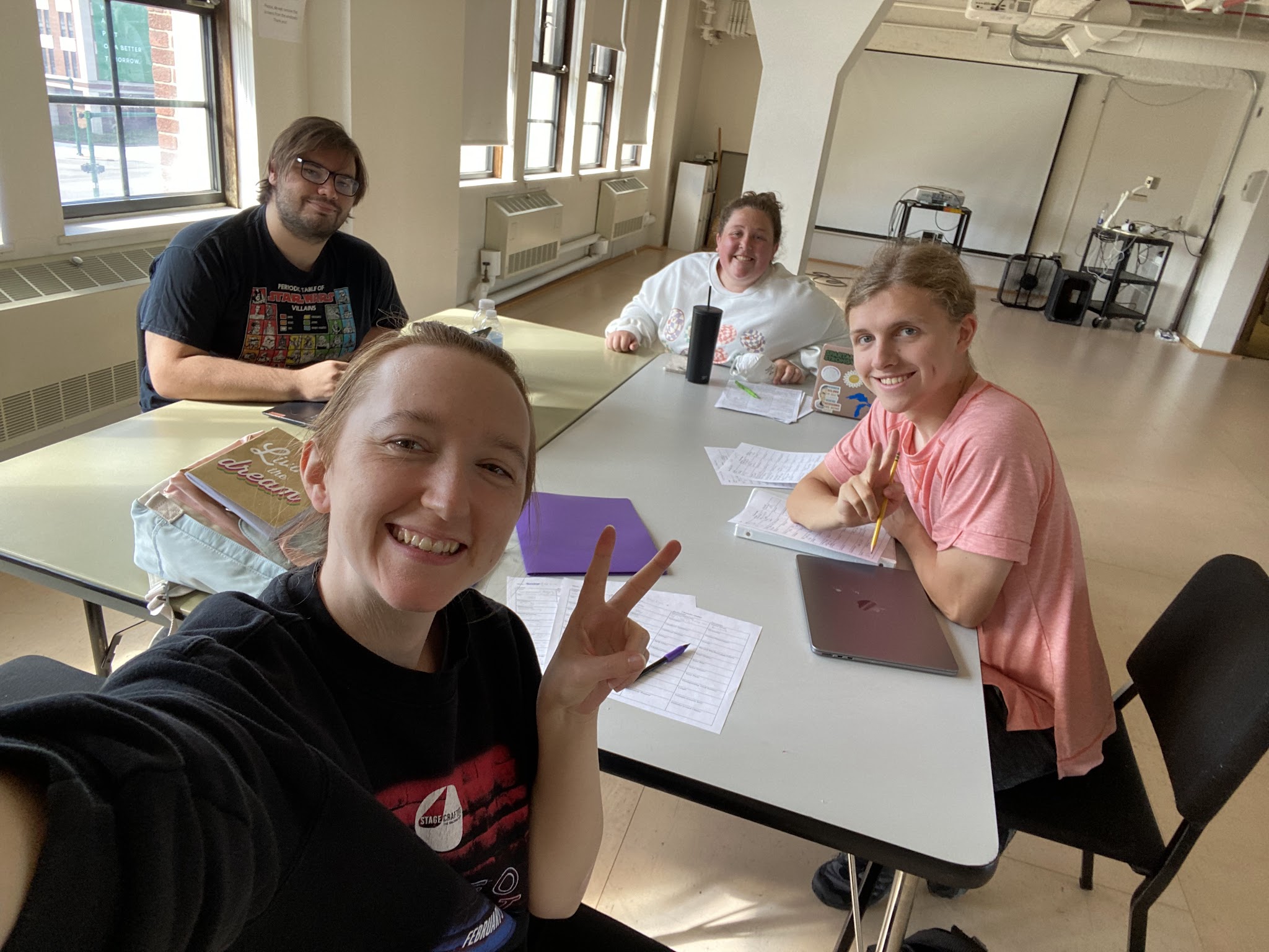 Savannah Jordan, Noah Trapp, Anthony Monteleone, and Reese Verlinde at the first rehearsal for "The Link"