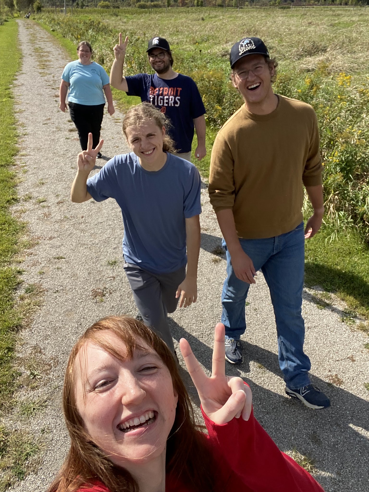 Savannah Jordan, Noah Trapp, Ben Eiler, Reese Verlinde, and Anthony Monteleone hiking the trails at Corey Marsh Ecological Research Center