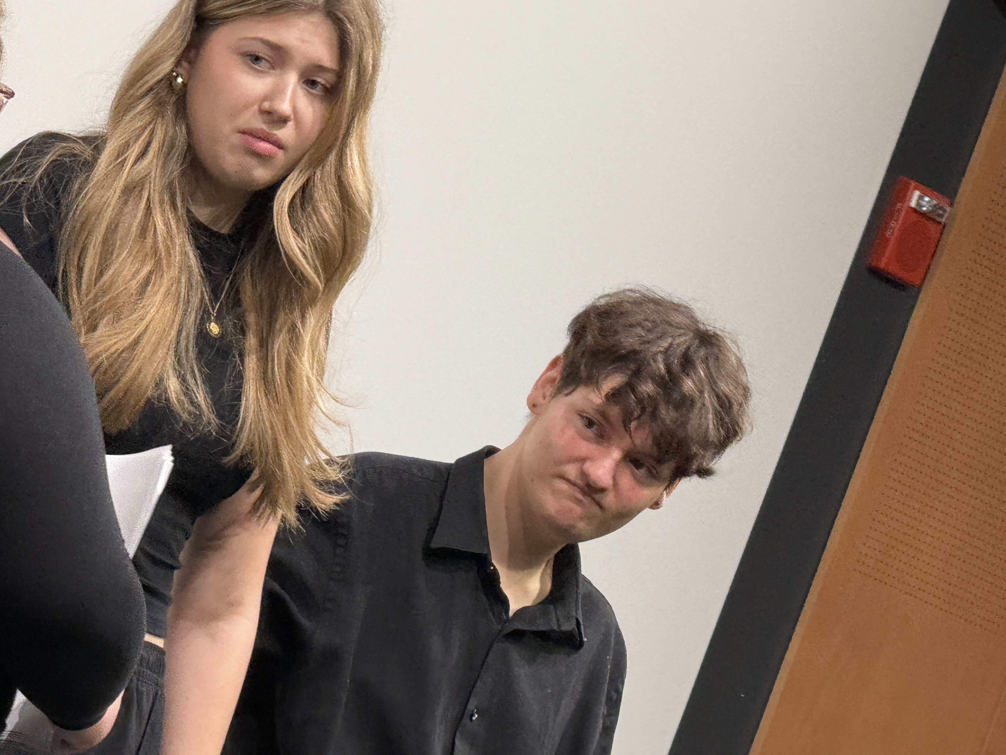Tobias Sanders as Jay and Ella Galens as Howard looking disguisted in "Friday Morning with the Franklins" at the Facility for Rare Isotope Beams (FRIB) produced by Second Stage Playwriting