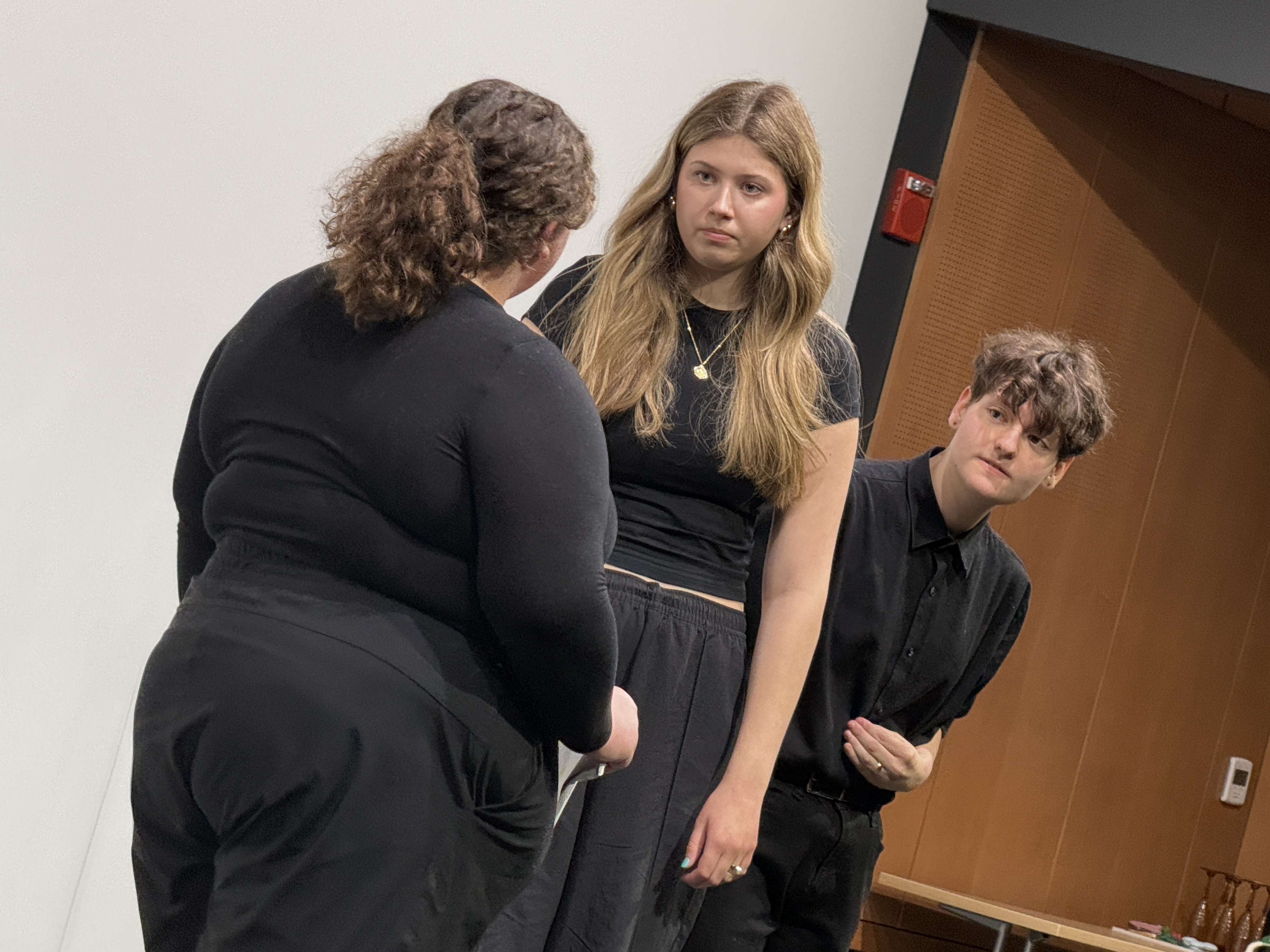 Reese Verlinde as Larkin, Ella Galens as Howard, and Tobias Sanders as Jay in "Friday Morning with the Franklins" at the Facility for Rare Isotope Beams (FRIB) produced by Second Stage Playwriting
