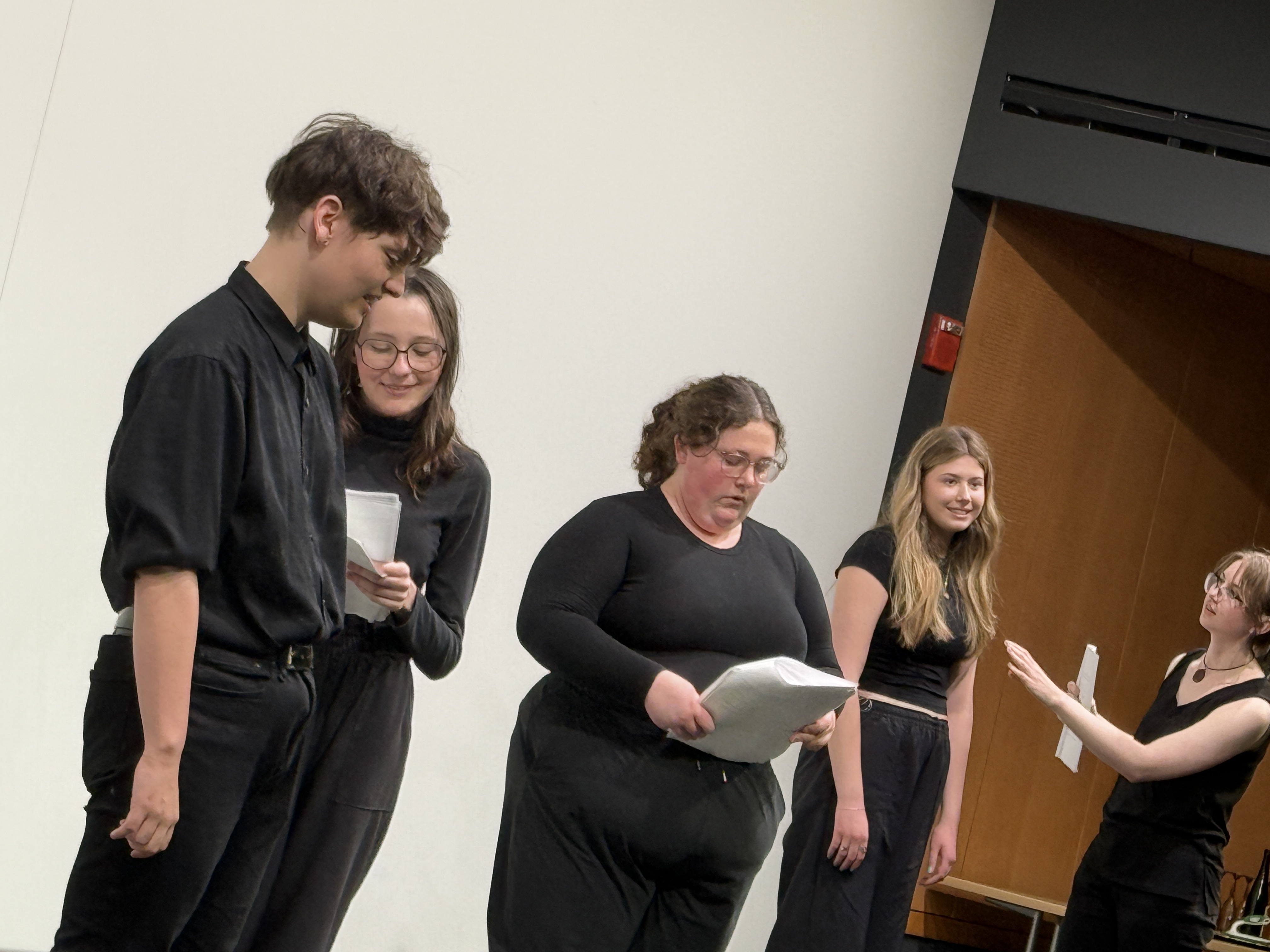 Tobias Sanders as Jay, Caitlyn Myers as Host, Reese Verlinde as Larkin, Ella Galens as Howard, and Veronica Thomas as PA in "Friday Morning with the Franklins" at the Facility for Rare Isotope Beams (FRIB) produced by Second Stage Playwriting