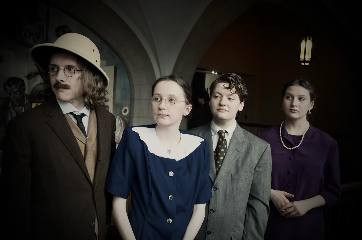 Noah Trapp as Teddy Brewster, Caitlyn Myers as Martha Brewster, Tobias Sanders as Mortimer Brewster, and Iris Widlansky as Abby Brewster