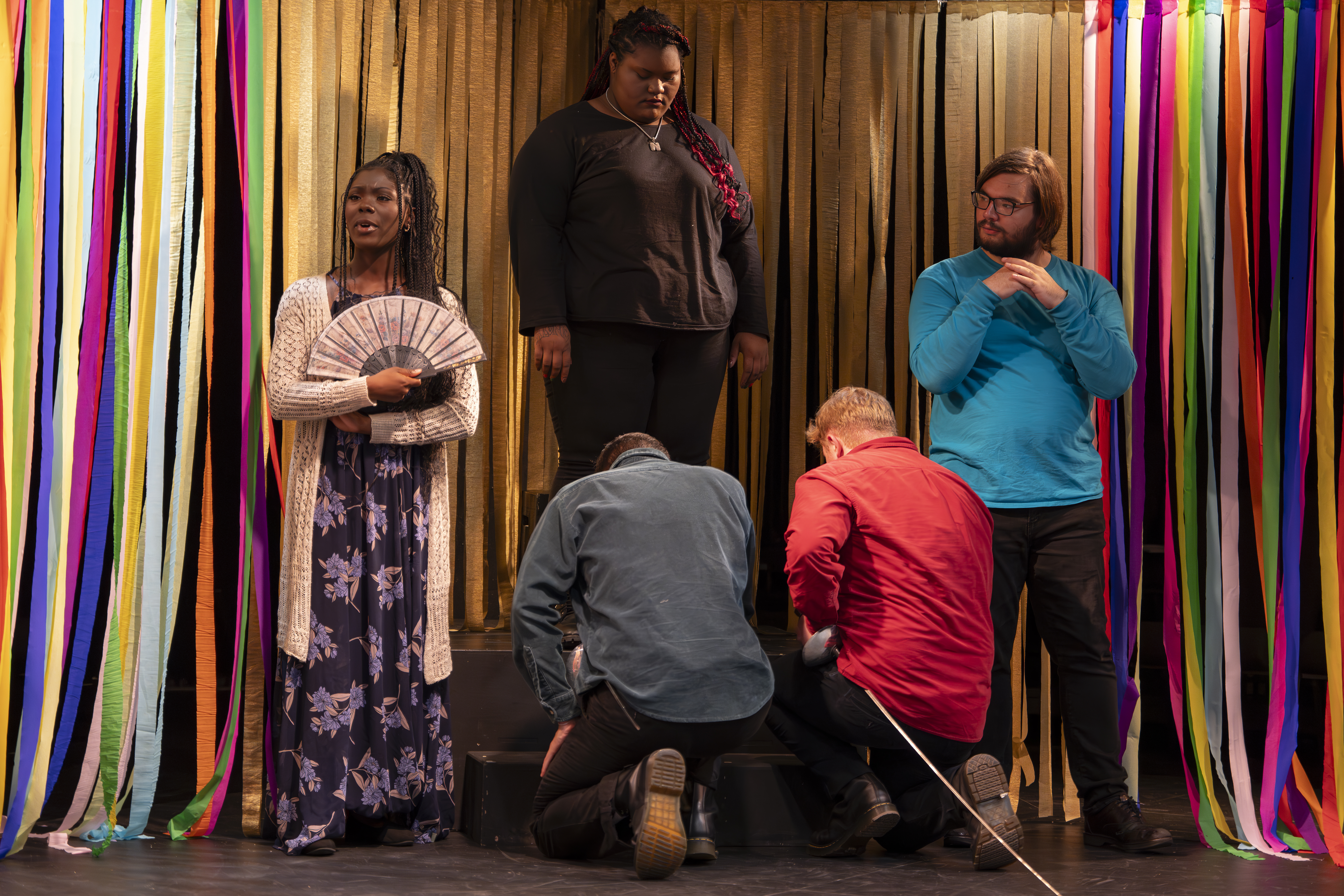 Ebony Battle as Fedra, JaNyah Meadows as King Minos, Anthony Monteleone as Vinny, Andrew Brown as Baco, and Zach Deande as Lidoro in in "Love is the Greater Labyrinth"