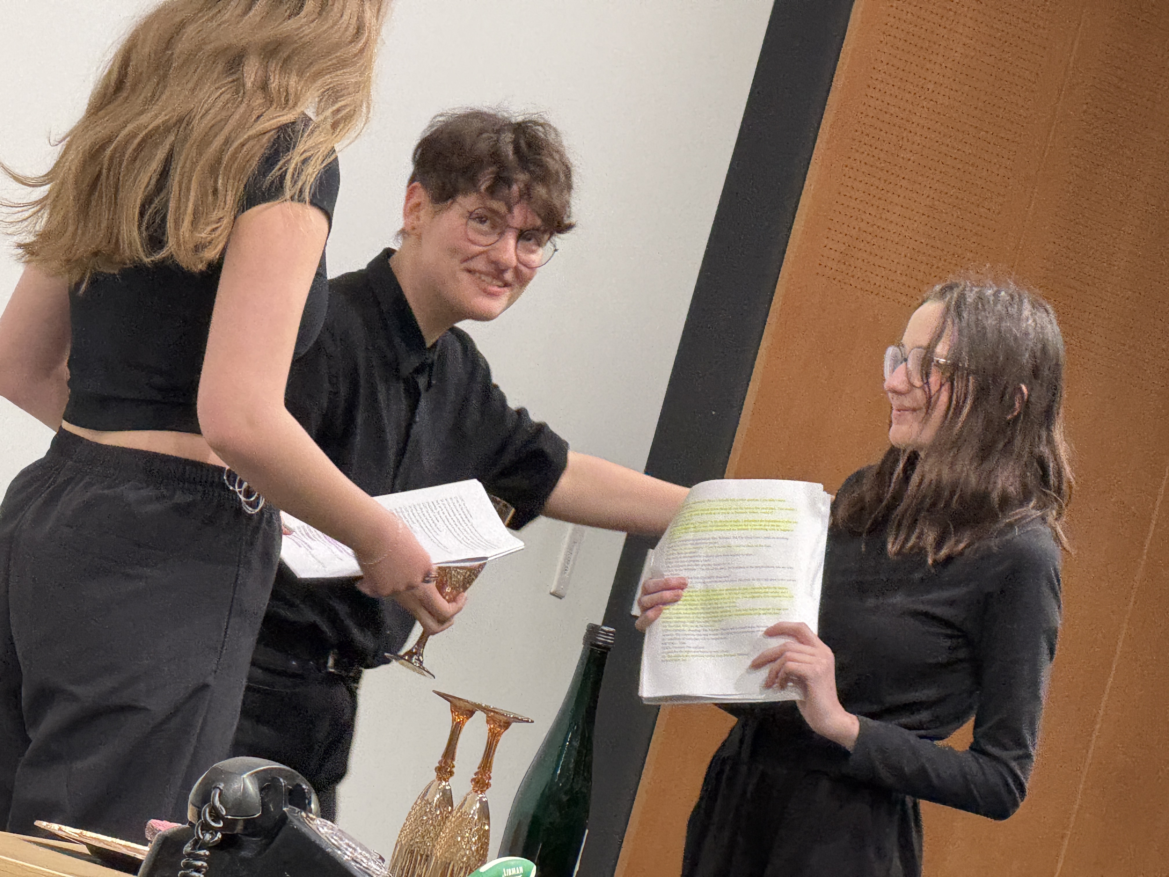 Ella Galens as David, Tobias Sanders as Micheal, and Caitlyn Myers as Jo in "Nuclear" at the Facility for Rare Isotope Beams (FRIB) produced by Second Stage Playwriting
