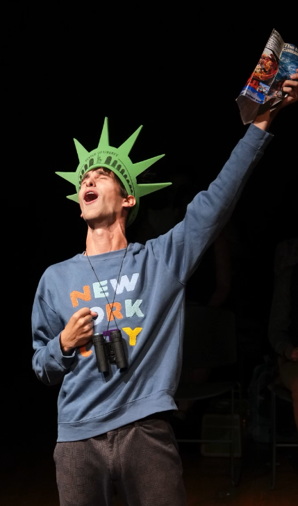 Karam Mawazini as Alphonse dressed as the statutue of liberty in MSU's New Musical Laboratory's production of "Taking Off"