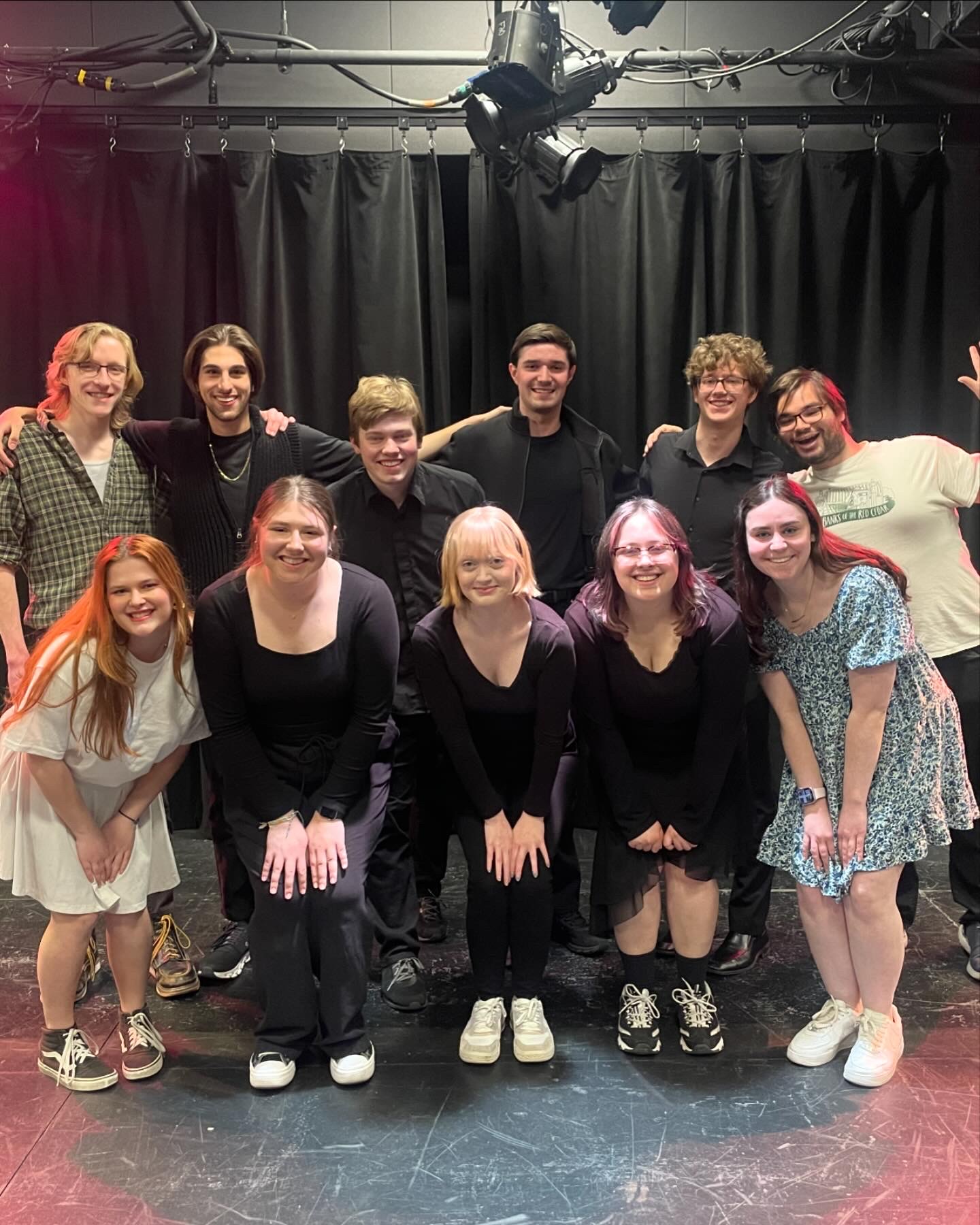 Declan William Maher, Karam Mawazini, Nathaniel Myers, Kyle Jedrusik, David Meagher, Anthony Monteleone, Shelby Ginsburg, Juliana Barnerd, Samantha Lee Stanton, Alex Spevetz, and Ava Ballagh posing after Second Stage Playwriting's first annual expose