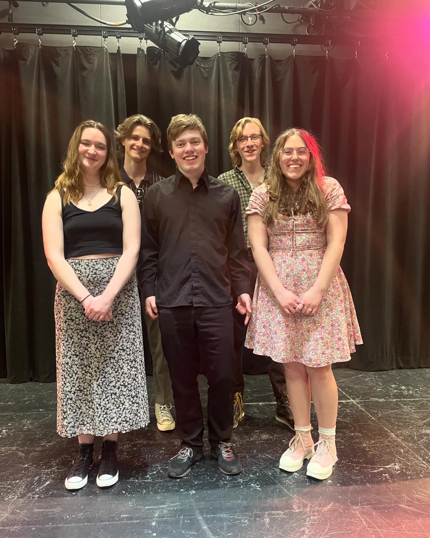 Brooke Cousins, Jack Williams, Nathaniel Myers, Declan William Maher, and Sophia Catella posing after Second Stage Playwriting's first annual expose