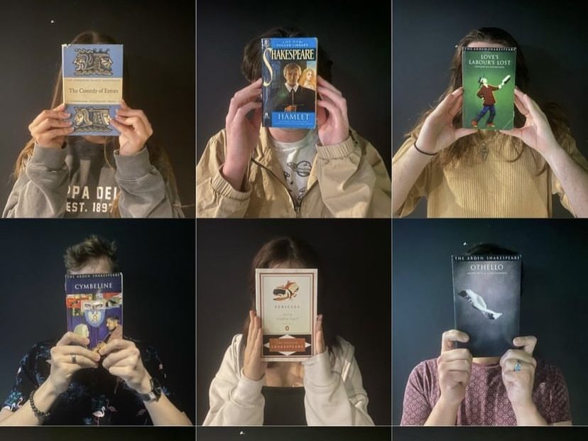 Six figures with Shakespeare plays covering their faces; promotional art for "Precious Winners All: Shakespeare Shooketh Up"