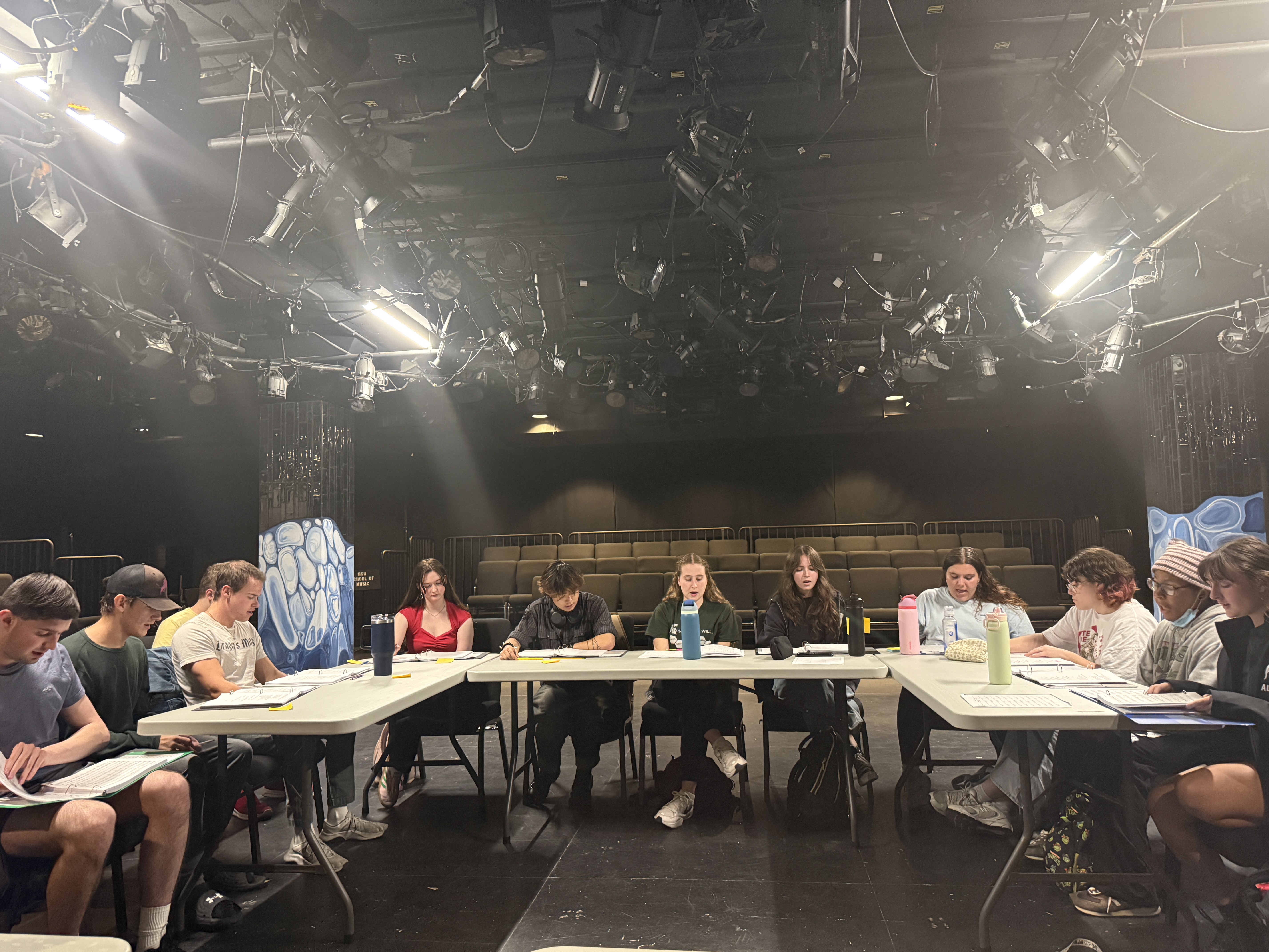 First day of rehearsal for Second Stage Productions "The Guy Who Didn't Like Musicals" featuring Kyle Jerudsik as Bill Logan Verlinde as Sam/Mr. Davidson, Evan Niemiec as Ted, Olivia Welch as Charlotte/General Macnamara, Brooke Cousins as Emma, Nathaniel Myers as Professor Hidgens, Alec Tran as Ensemble, Quinn Tucker as Alice, Casey Fosbenner as Nora, August Garrett as Paul, Sophia Catella as Greenpeace Canvasser, and Saylor Amos as Zoey