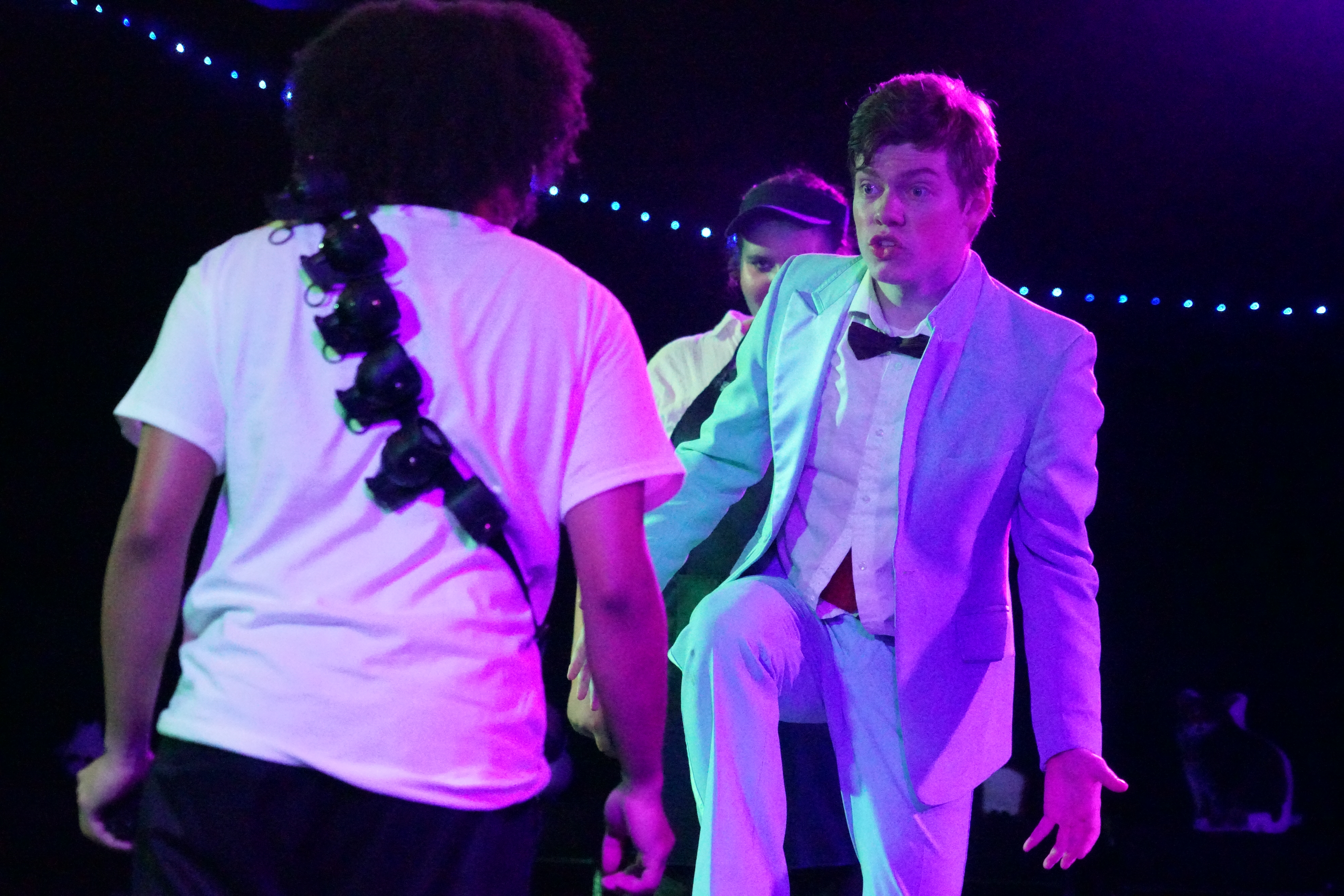 Nathaniel Myers as Hidgens stepping onto a block with August Garrett as Paul in "Let It Out" in Second Stage Productions "The Guy Who Didn't Like Musicals"