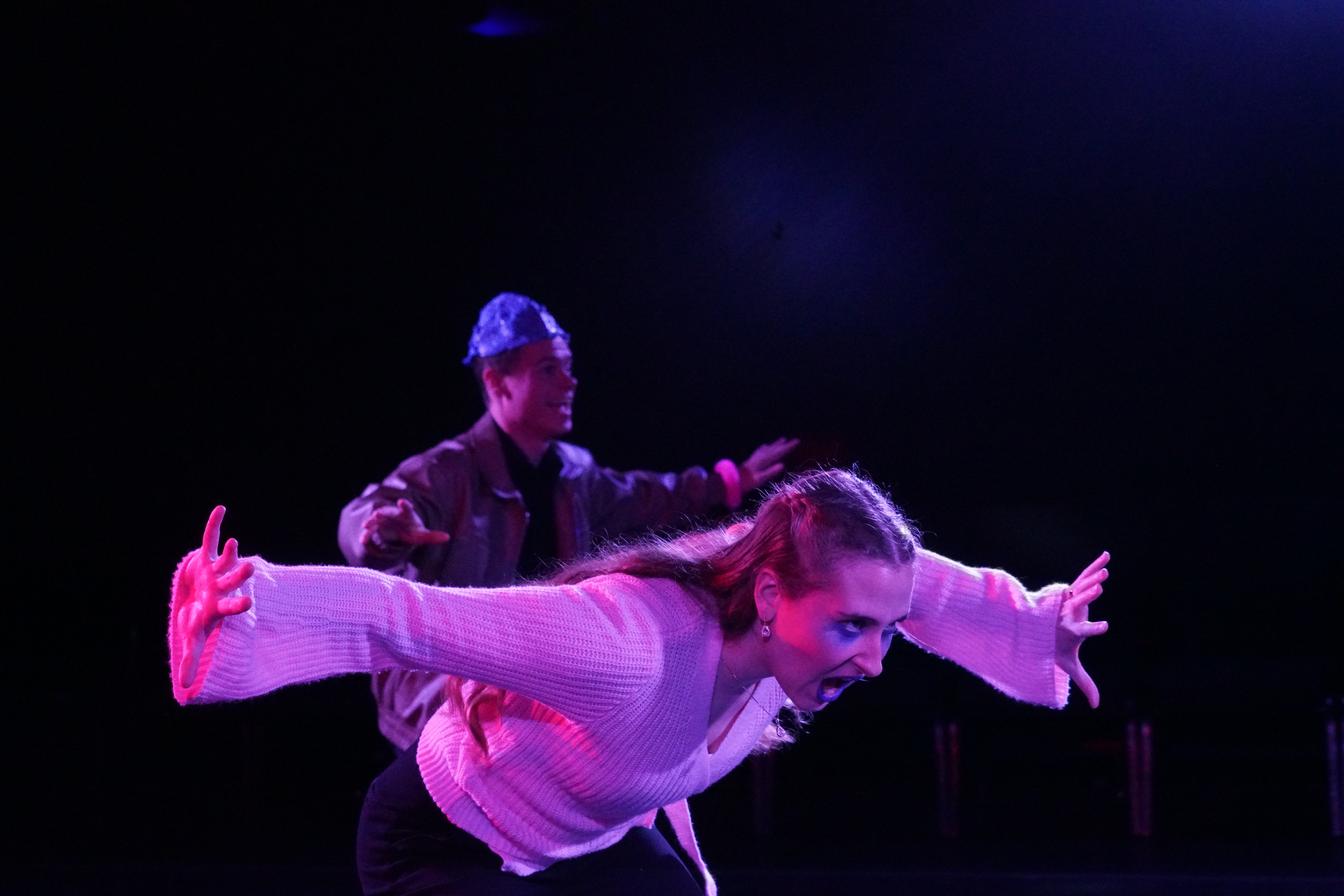 Olivia Welch as Charlotte in "Join Us And Die" inSecond Stage Productions "The Guy Who Didn't Like Musicals" with Logan Verlinde as Sam with blue brain