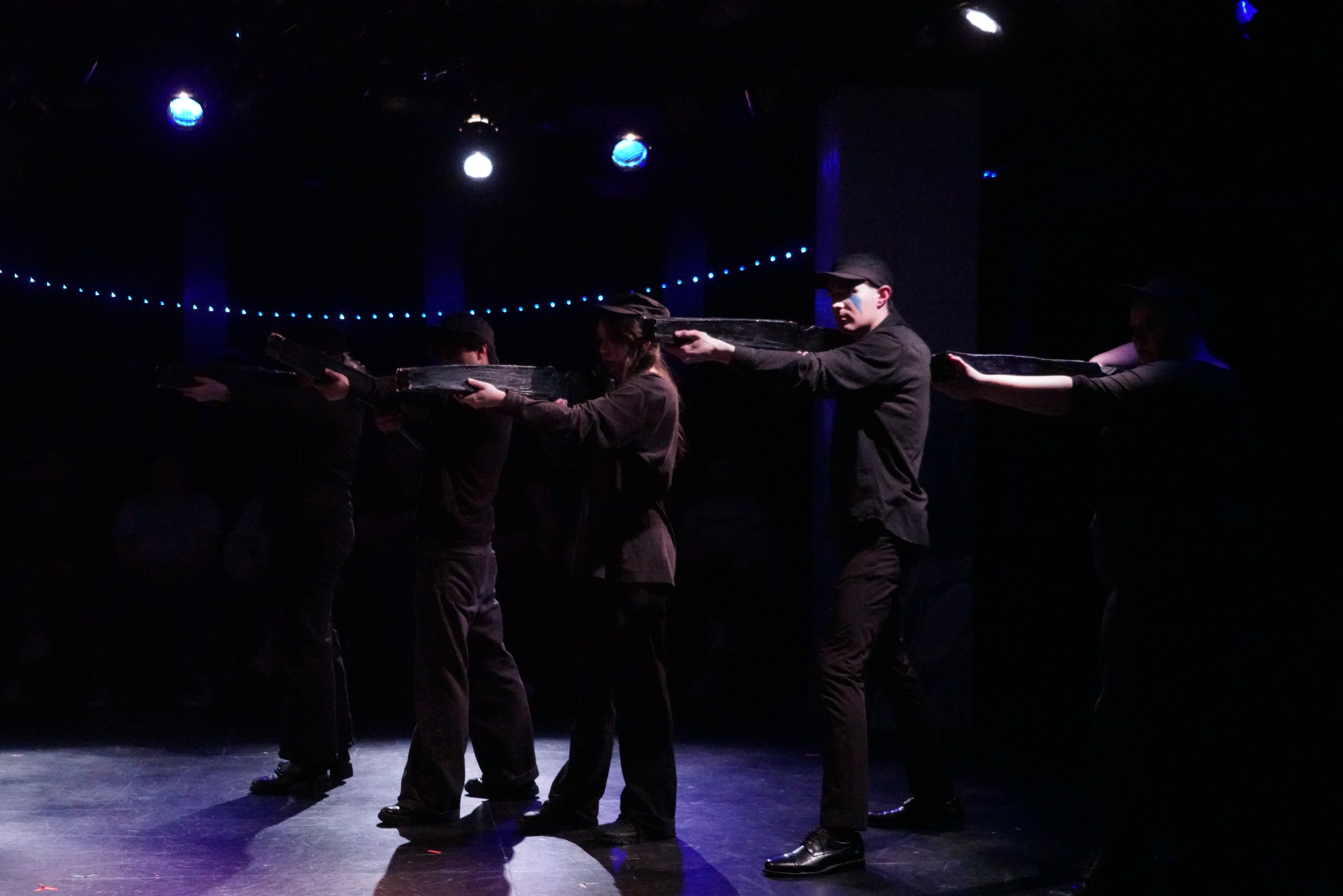 Quinn Tucker, Alec Tran, Kyle Jerudsik, Sophia Catella, and Casey Fosbenner as soldiers before "America Is Great Again" in Second Stage Productions "The Guy Who Didn't Like Musicals"