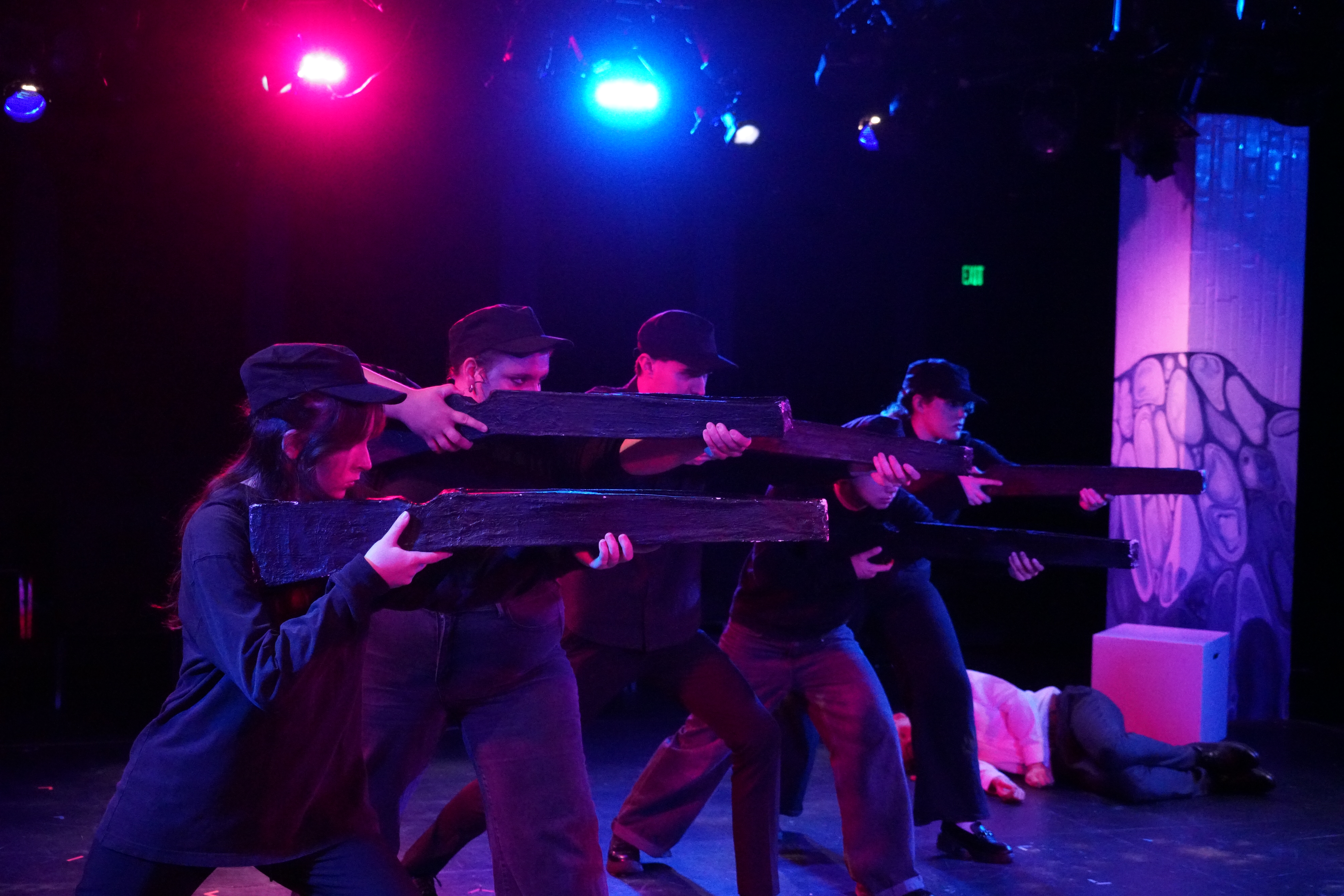 Quinn Tucker, Alec Tran, Kyle Jerudsik, Sophia Catella, and Casey Fosbenner as soldiers during "America Is Great Again" in Second Stage Productions "The Guy Who Didn't Like Musicals"