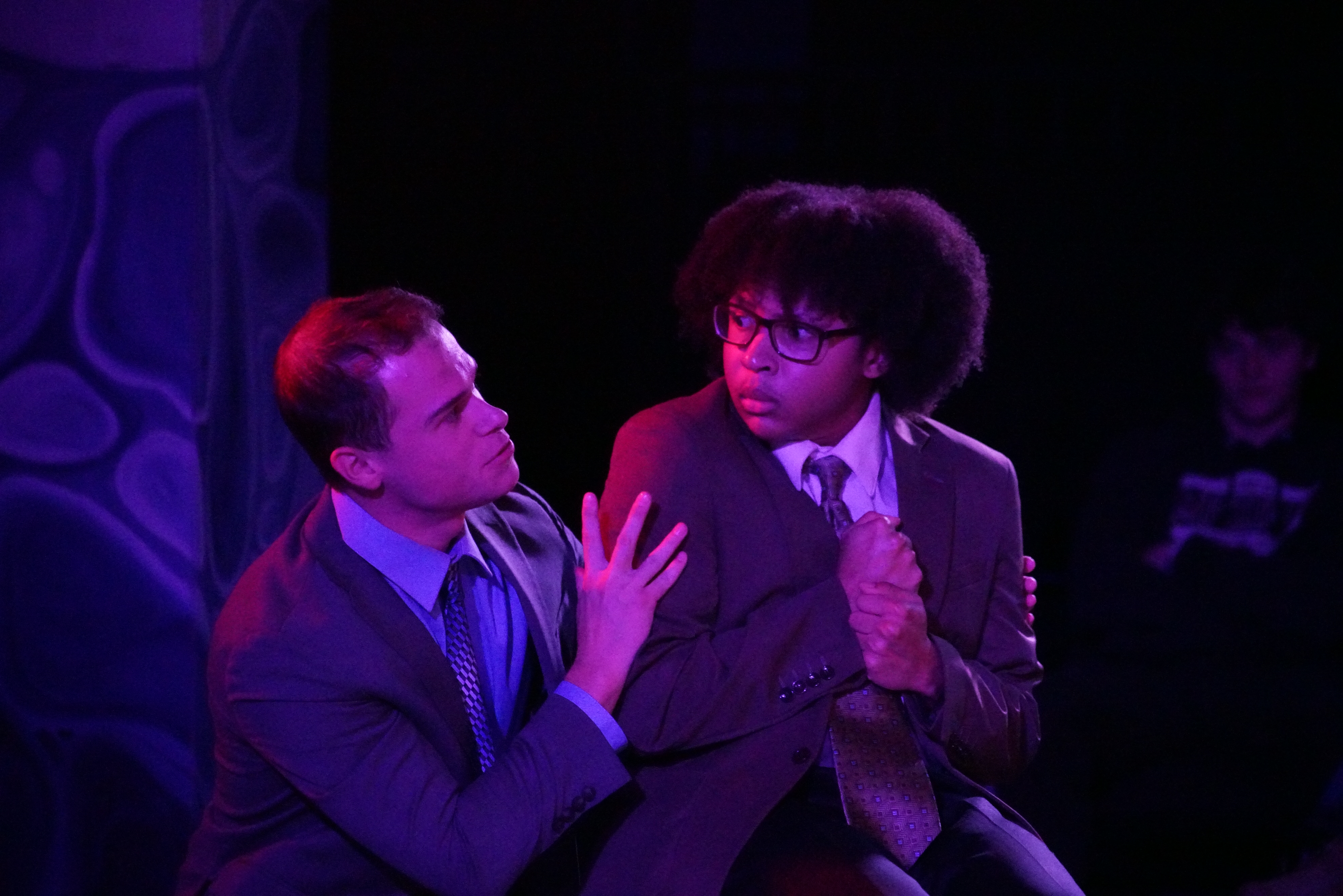 Logan Verlinde as Mr. Davidson holding August Garrett as Paul in Second Stage Productions "The Guy Who Didn't Like Musicals" during "What do you Want Paul" in Second Stage Productions "The Guy Who Didn't Like Musicals"