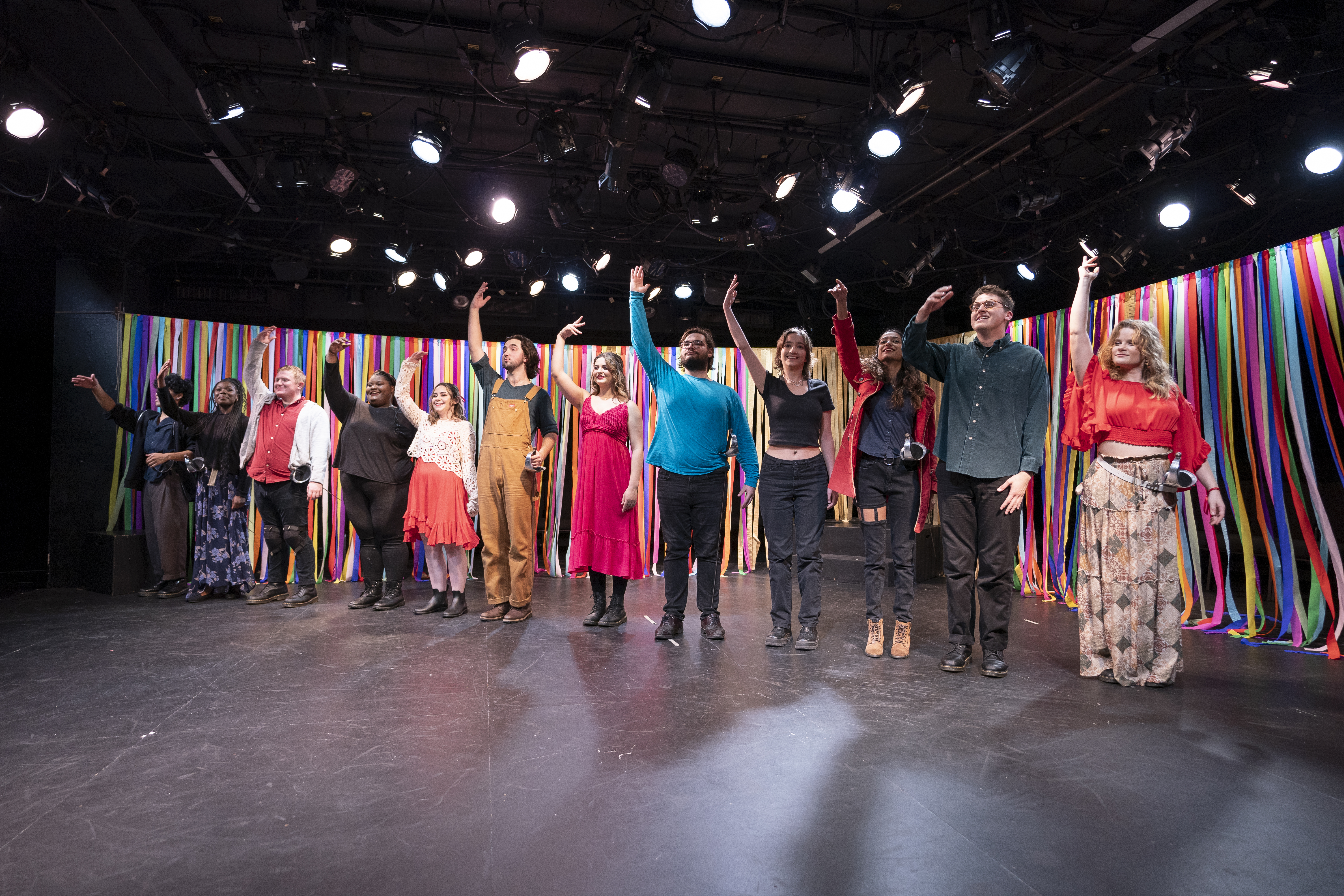 Laura played by Ava Ballagh, Baco played by Andrew Brown, Vinny played by Anthony Monteleone, Fedra played by Ebony Battle, Minos played by JaNyah Meadows, Teseo played by Jhon Govaere, Ariadna played by Nicole Merchant, Cintia played by Olivia Hagar, Tebandro played by Ritu Singhal, Tuna played by Sebastian Barnett, Lidoro played by Zach Deande and Licas played by Zhanna Yakubova bowing at the end of "Love is the Greater Labyrinth"