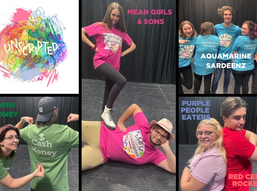 MSU Unscripted 2022 Promotional Art, featuring Cass Williams, Matty Peterson, Nicole Jenosky, Anthony Monteleone, Lexa Busch, Preston Lyford, Julie Clampitt, Abby Bell, and Tyler Radze